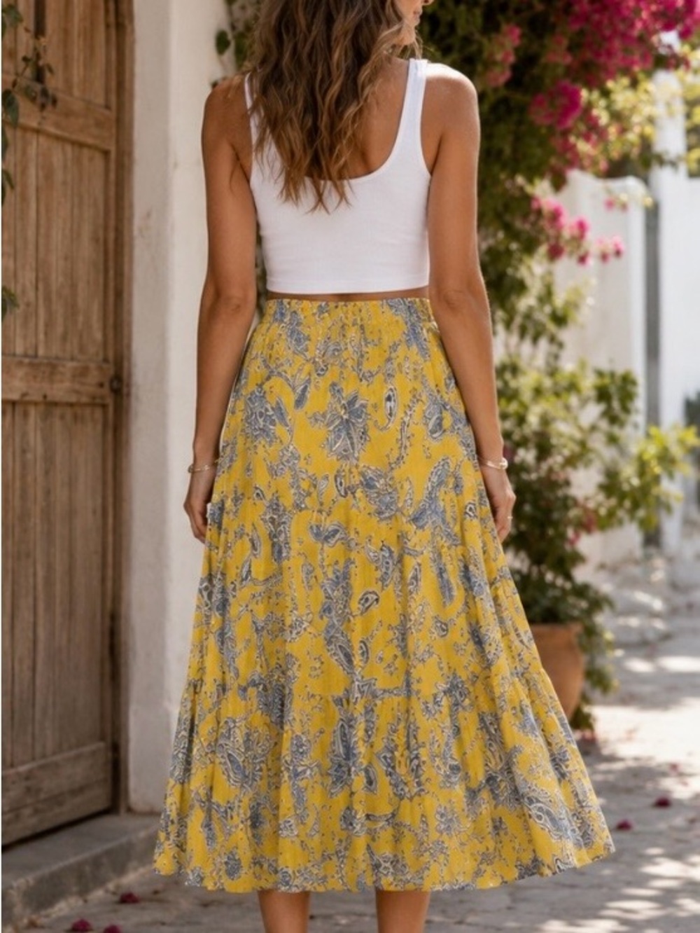 Chaps Yellow Paisley Tiered Maxi Skirt - Picture 2 of 6